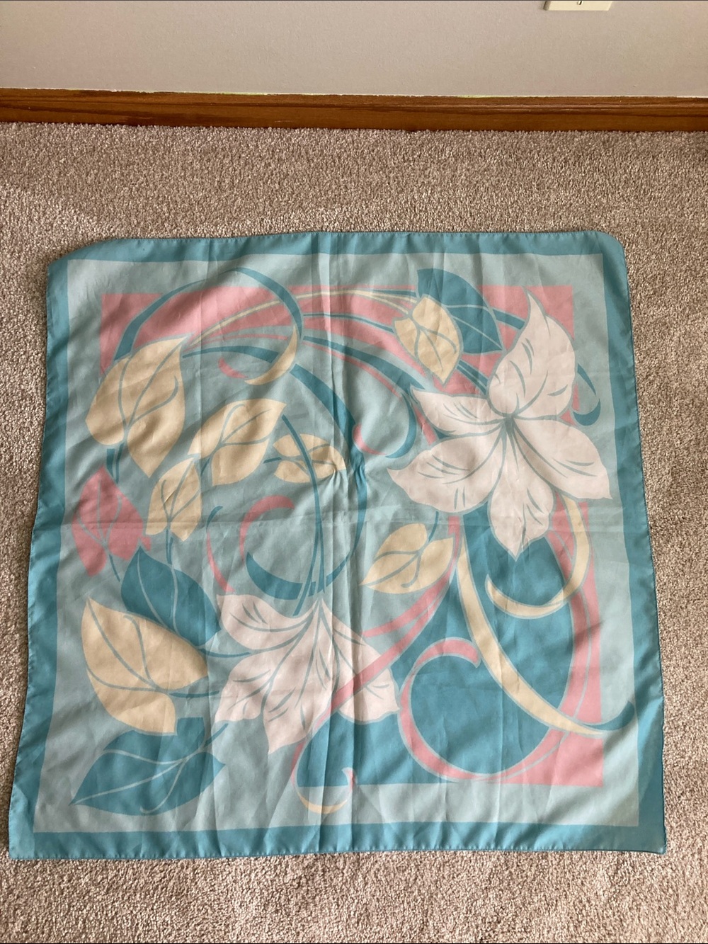 Pastel Blue and Pink Floral Silk Scarf, 30”x 30” square, triangular top - Picture 3 of 5